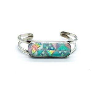 Vintage Sterling Silver Opalescent Pastel Dichroic Glass Cuff Bracelet 7"